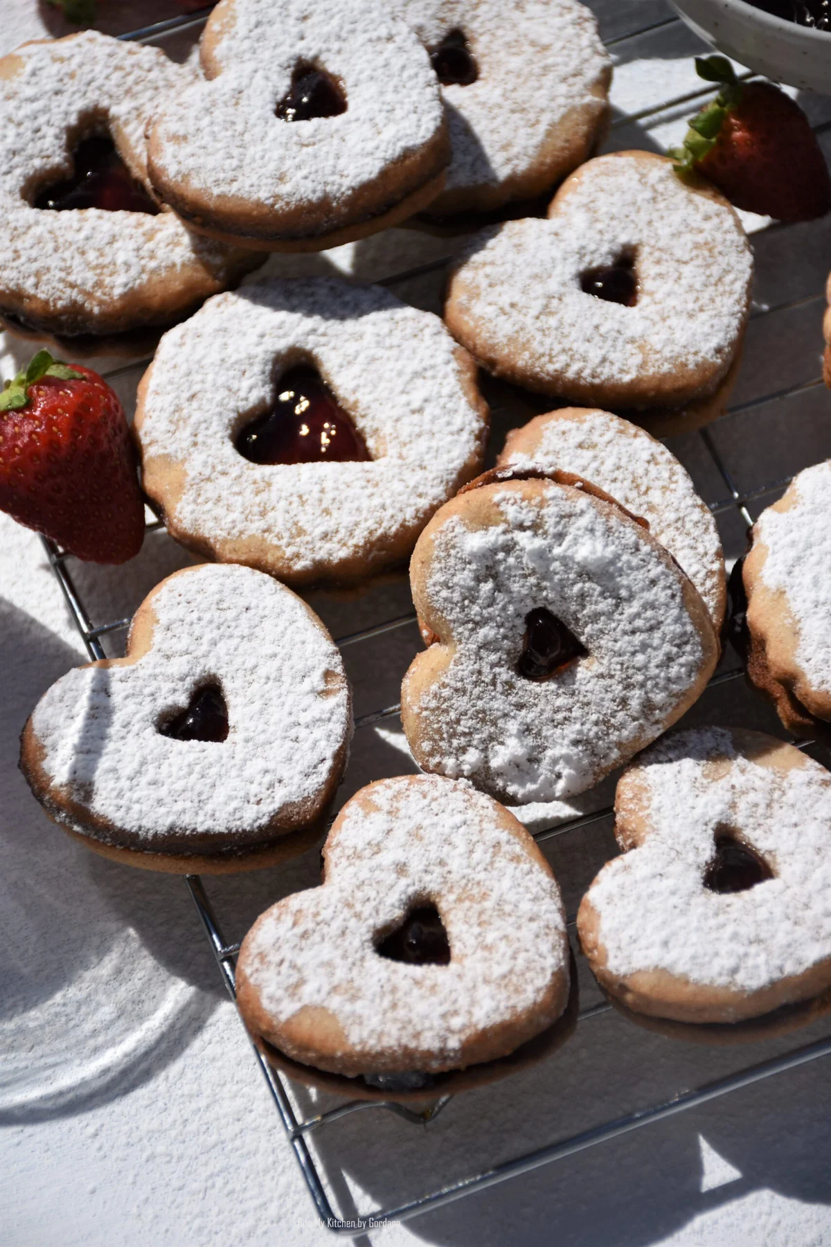 linzer cookies on a tray