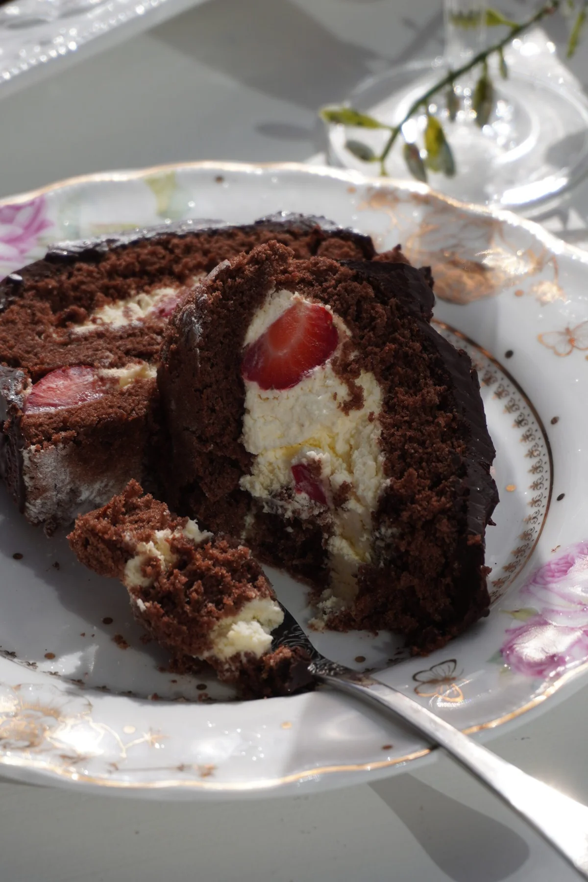 Slice of Strawberry Chocolate Roll with Chocolate Ganache