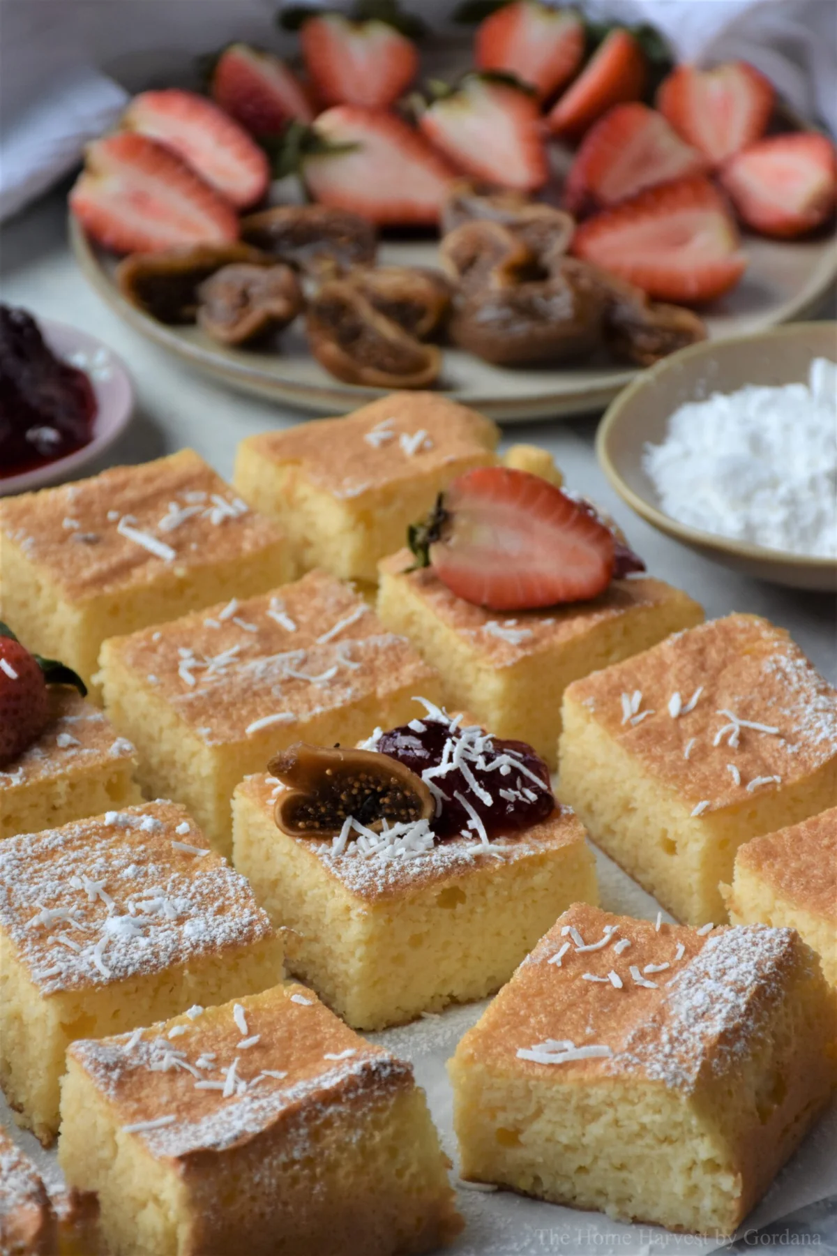koh kolac / milk cake slices with fruit