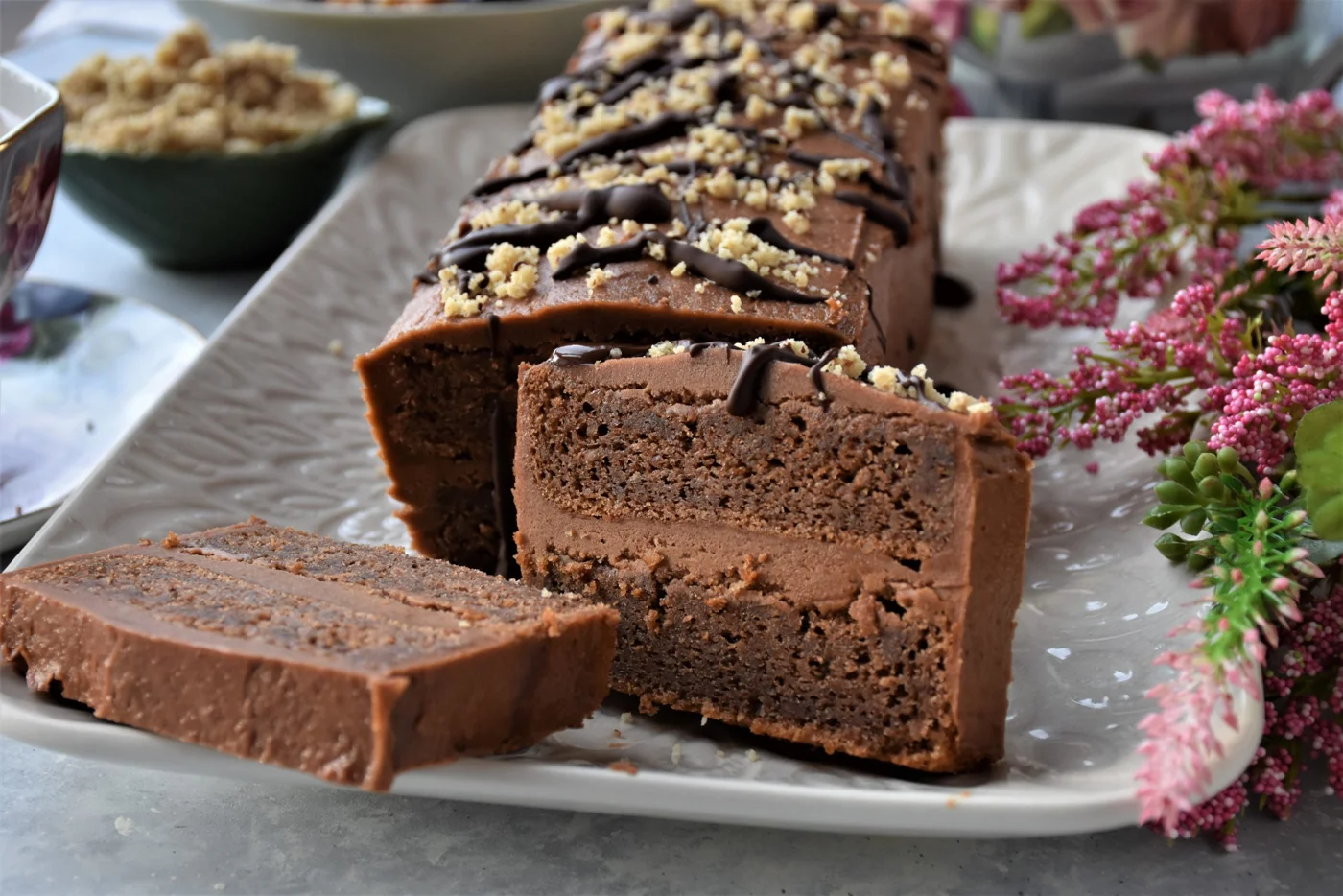 homemade chocolate cake sliced