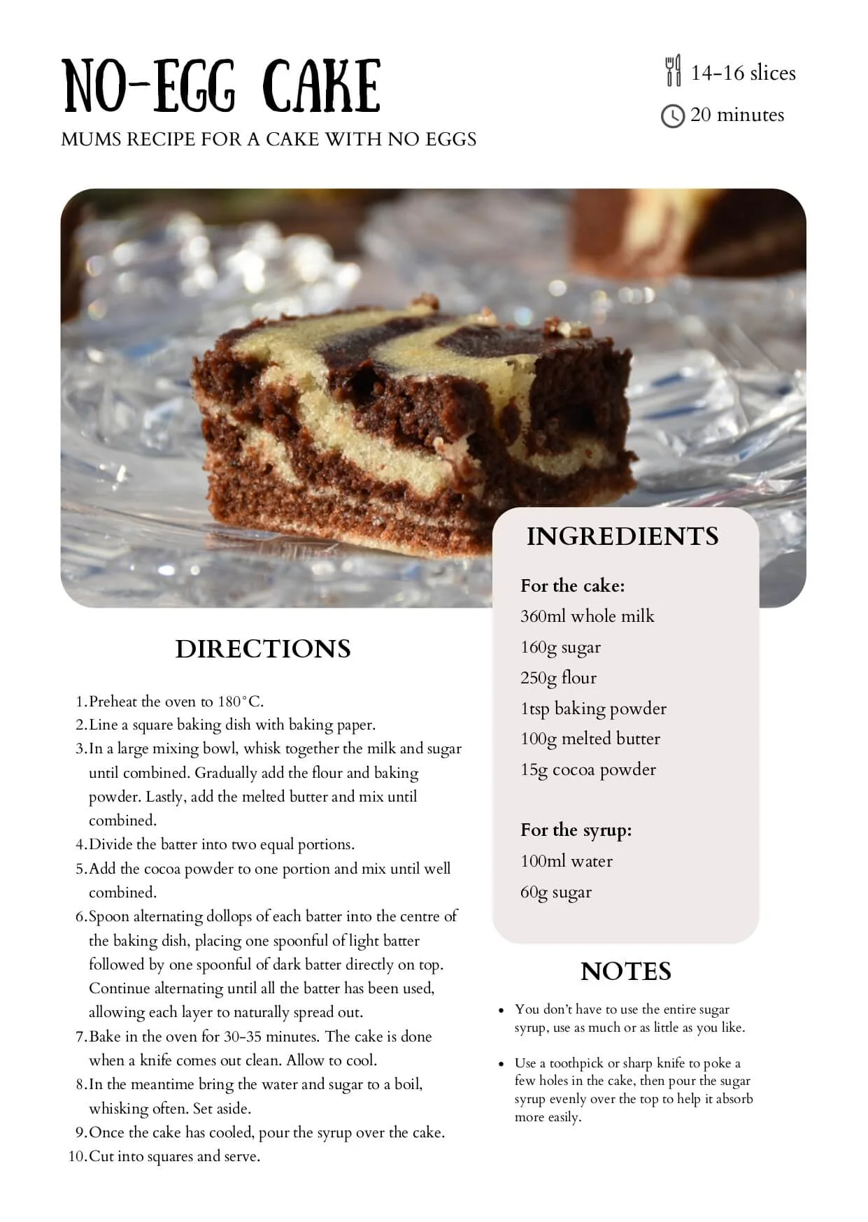 No-egg cake sample page — recipe details blurred for preview