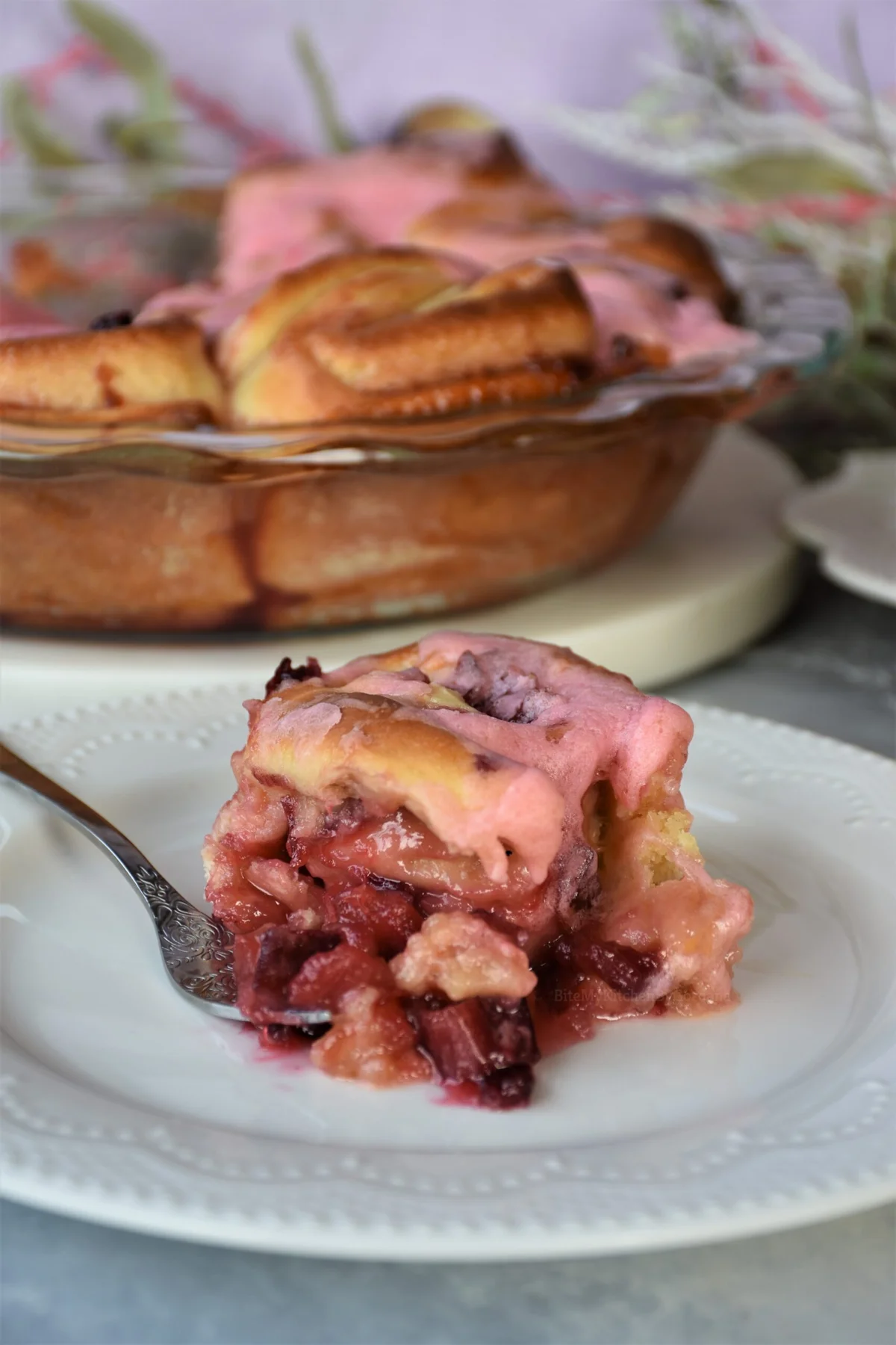 a slice of Sweet Rhubarb Rolls