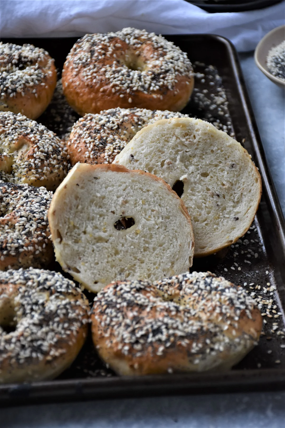sliced homemade bagels
