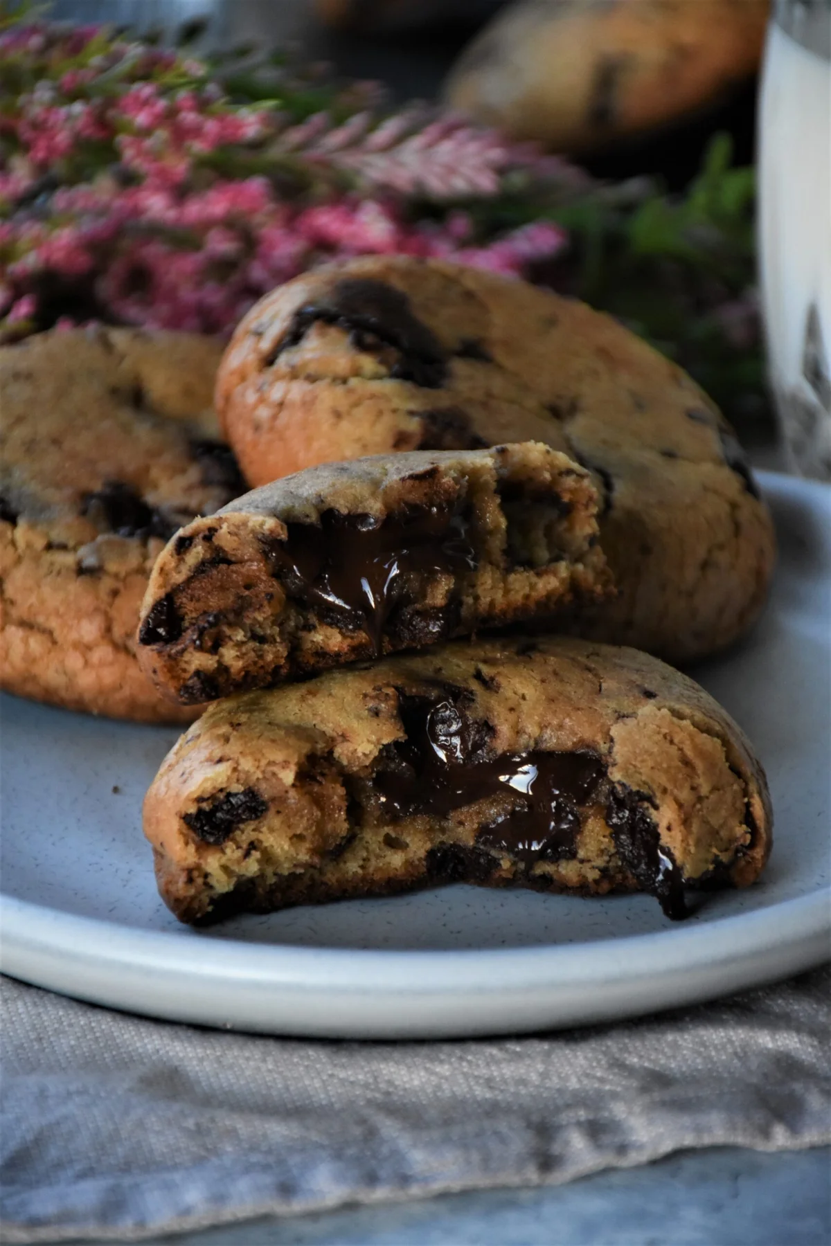 chunky chocolate cookies, chocolate melting in the middle.